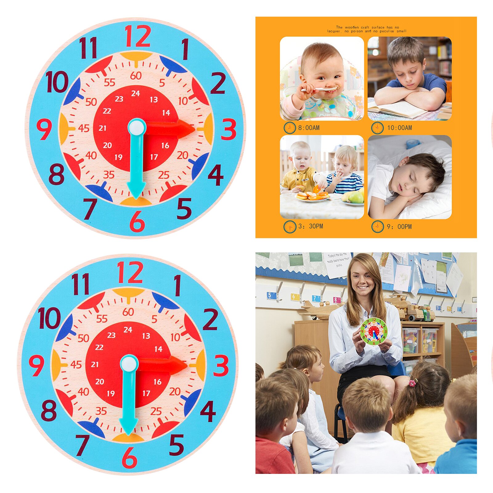Wooden Clock Toy Learning Time Teaching Aids Toys Early Pre-school Accs: light blue