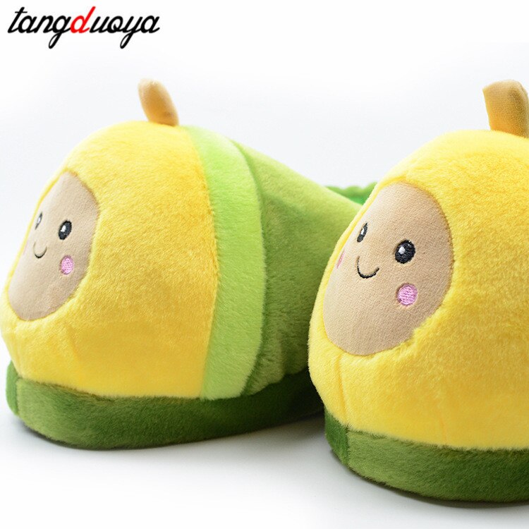 Kawaii pluszowe Avocado kapcie owoce zabawki śliczne ciepłe zimowe buty dla dorosłych kobiety produkty domowe Furry pantofle damskie zimowe