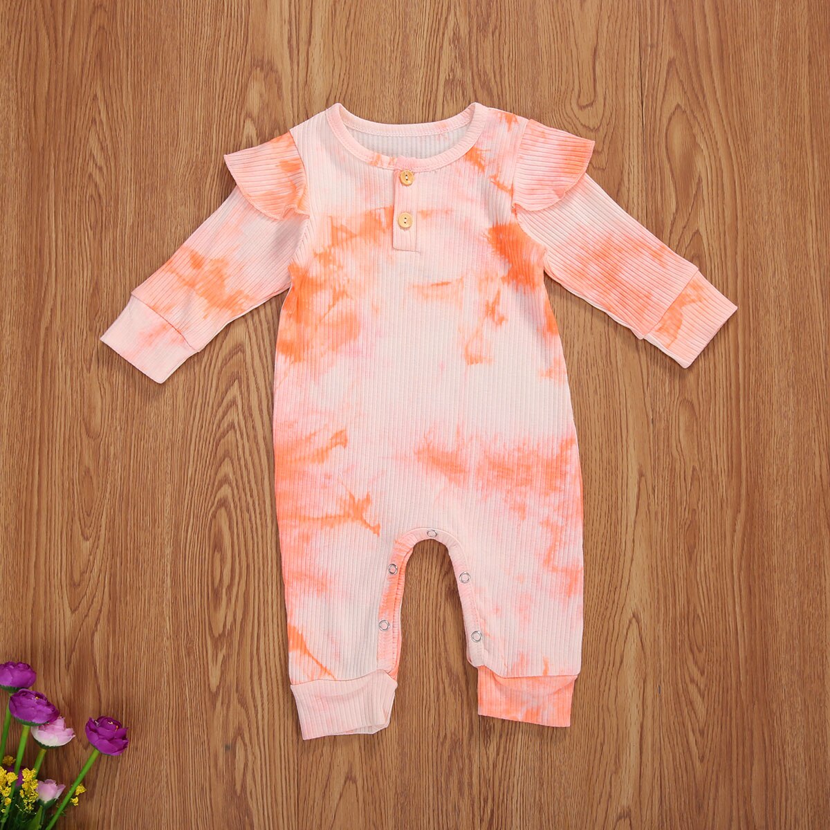 Focusnorm Tie-Dye Gedrukt Baby Meisjes Jongens Rompertjes Lange Mouwen Kleurverloop Knop Geribbelde Sluiten Lente Kleding