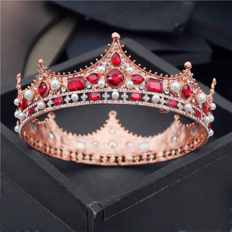 Baroque Royal King Diadem Men Crystal Pearls Metal Tiaras Wedding Crown Hair Jewelry Big Head Ornaments Prom Party Accessories