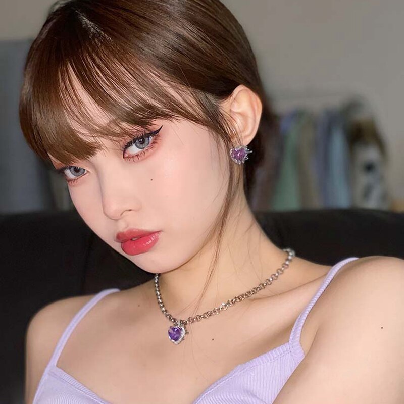 MENGJIQIAO tendance violet coeur cristal collier ras du cou pour les femmes filles métal cou chaîne de noël fête bijoux
