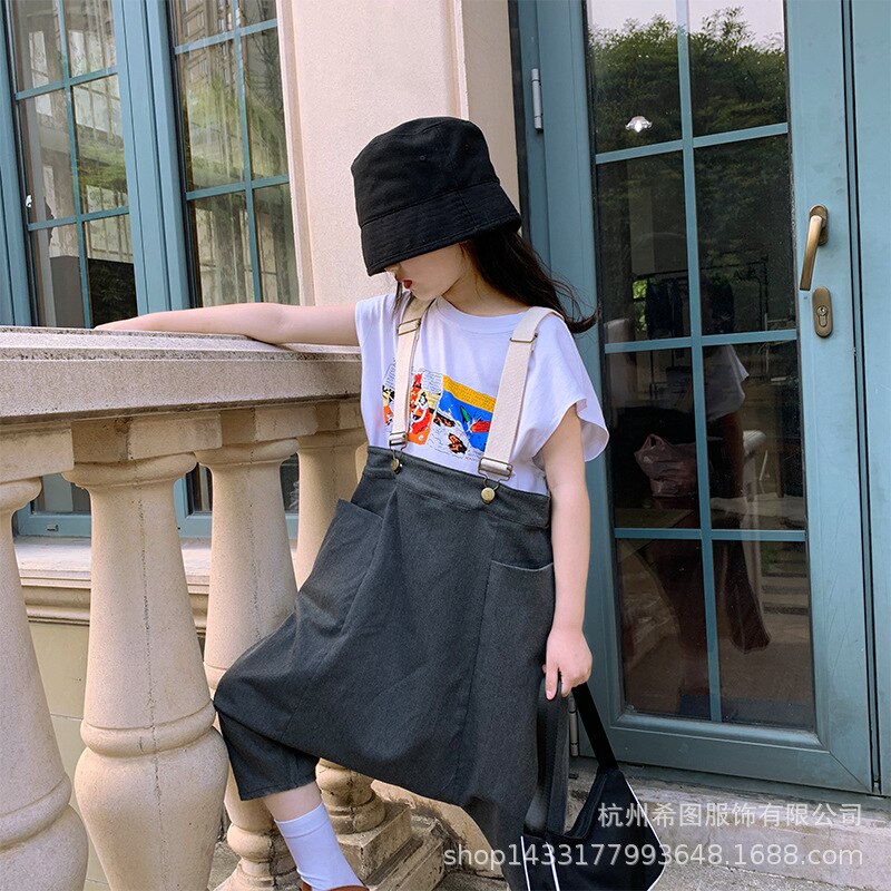 summer boys and girls pants Japanese hip-hop hip-hop pants suspenders cropped pants: 10