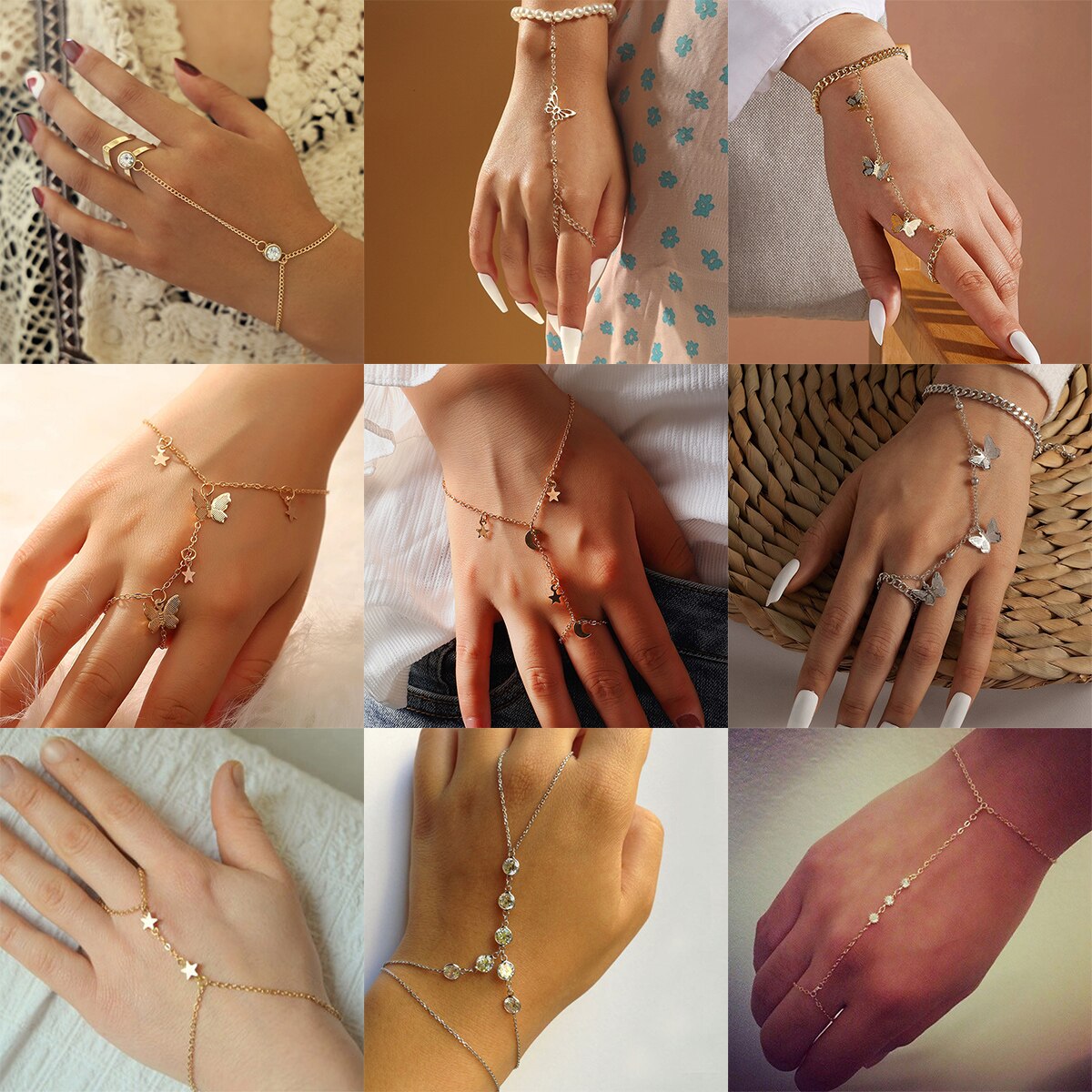 Gold Snake Wrist Chain Bracelet Butterfly Moon Star Pendant Connected Metal Finger Ring for Women Hand Jewelry