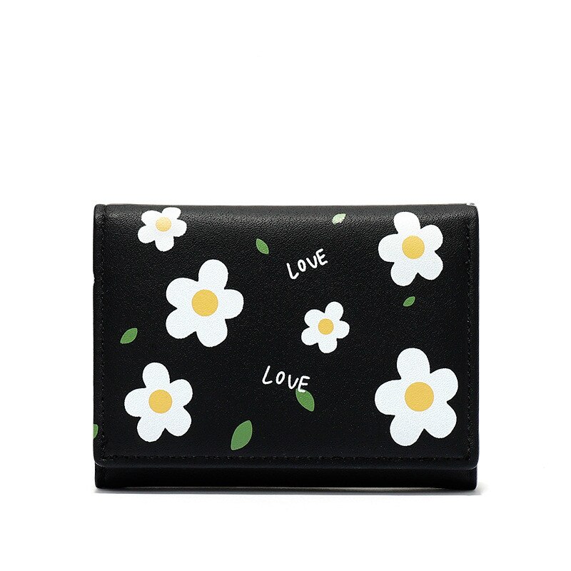 Bycobecy Flowers Printed Women Wallet Three-Fold Card Holders Small Fresh Short Wallet Ladies Wallet: 928921 Black