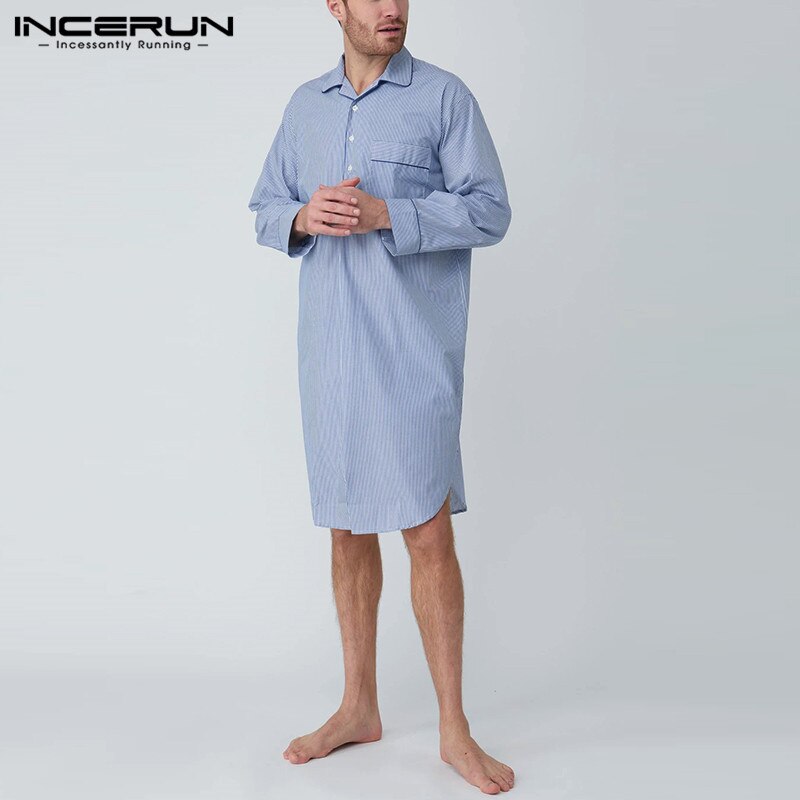 Incerun Plaid Mannen Slaap Gewaden Lange Mouwen Leisure Jurk Nachtjapon Comfortabele Mode Homewear Revers Mannen Badjassen S-5XL