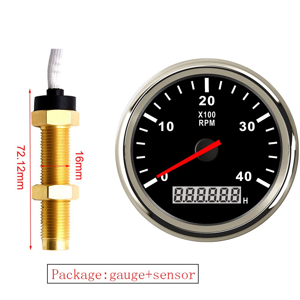 85MM Gauge with Tacho Sensor M16 for Gasoline Diesel Engine Tachometer 3KRPM 4KRPM 6KRPM 8KRPM With Hourmeter Red Backlight: 4KRPM BS M16