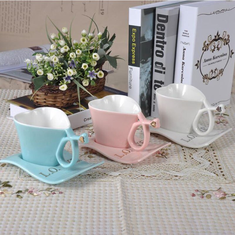 LOVE Heart Shape Lover Coffee Mug Ceramic Milk Mug with Plate Couple's Morning Tea Cup Office Water Cup for Girls
