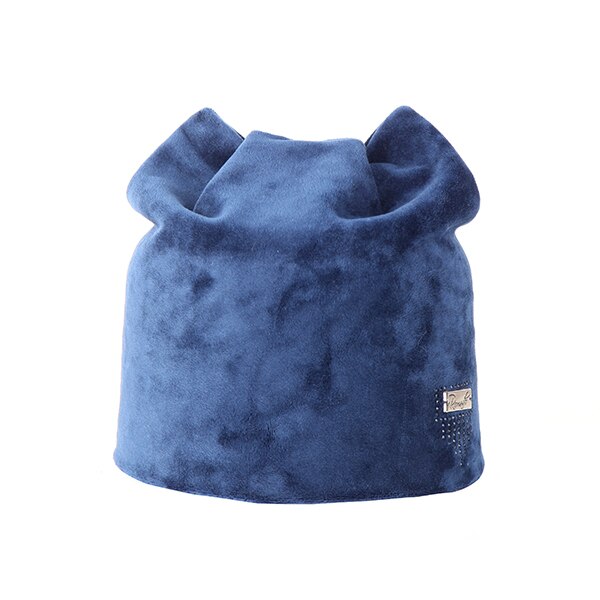 Wintermutsen dames muts effen kleur zacht voor de herfst fluwelen flanellen muts casual schattige strik voor meisjes skullies pet: Marineblauw