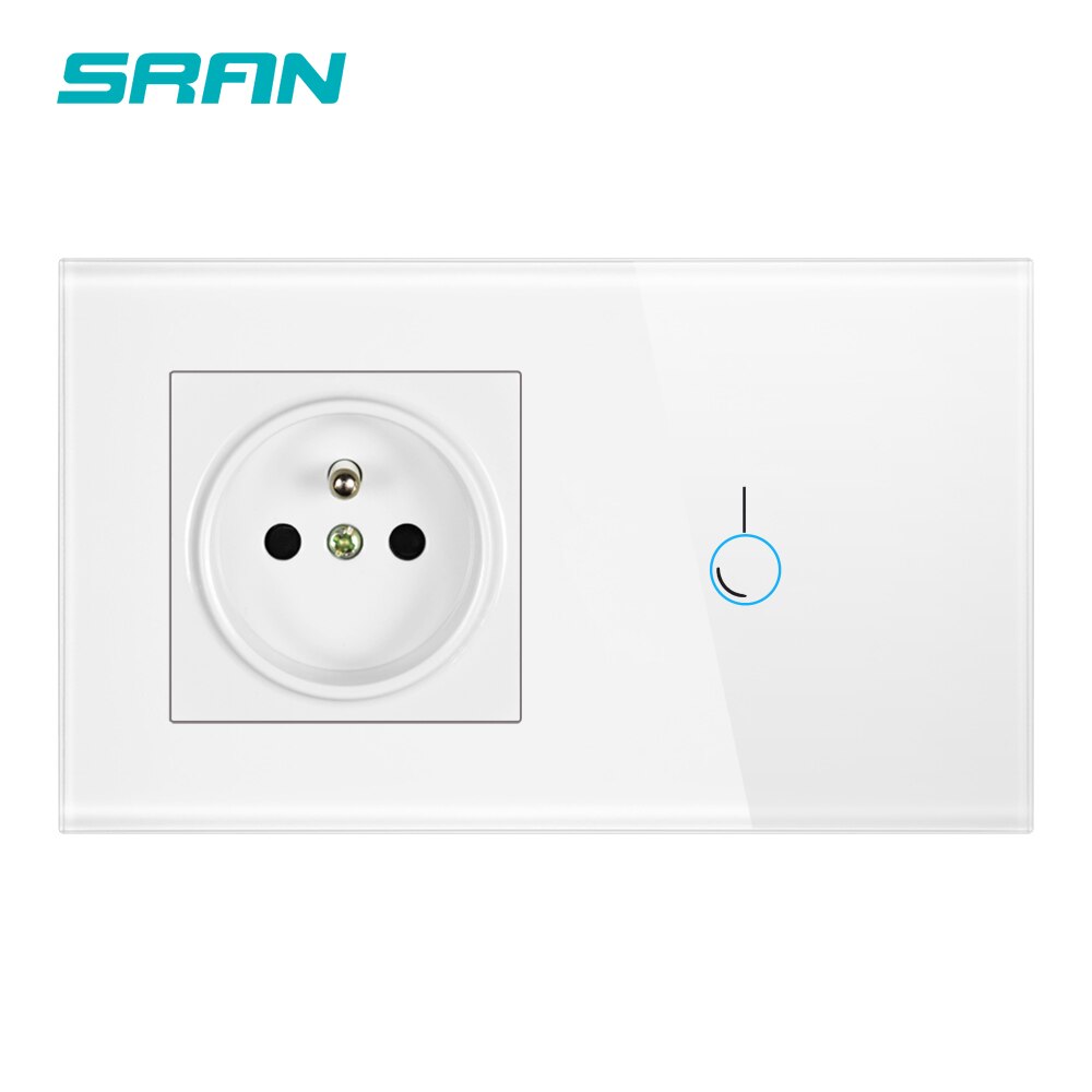 Sran Franse Touch Sensor Schakelaar Met Socket Crystal Glass Panel 170 ~ 250V 16A 146*86 Stopcontact met Lichtschakelaar 2 Gang 1 Manier: White 1gang 1way FR