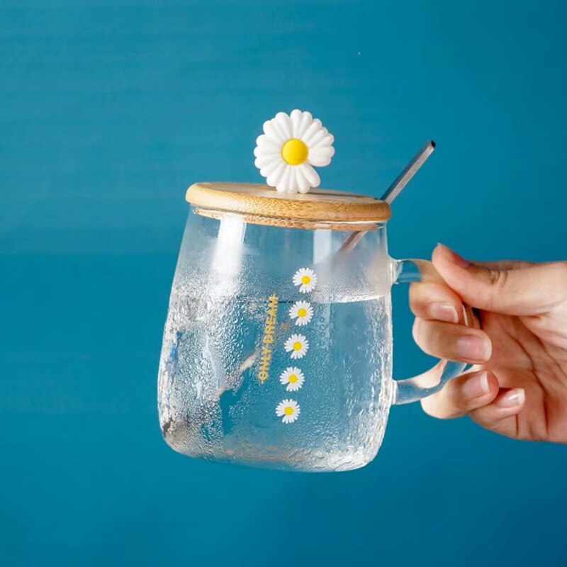 Cute Pastoral Style Glass Cups with Milk Breakfast Mug Office Flower Tea Cup Cold Drink Juice Mug: Five Flower Daisy
