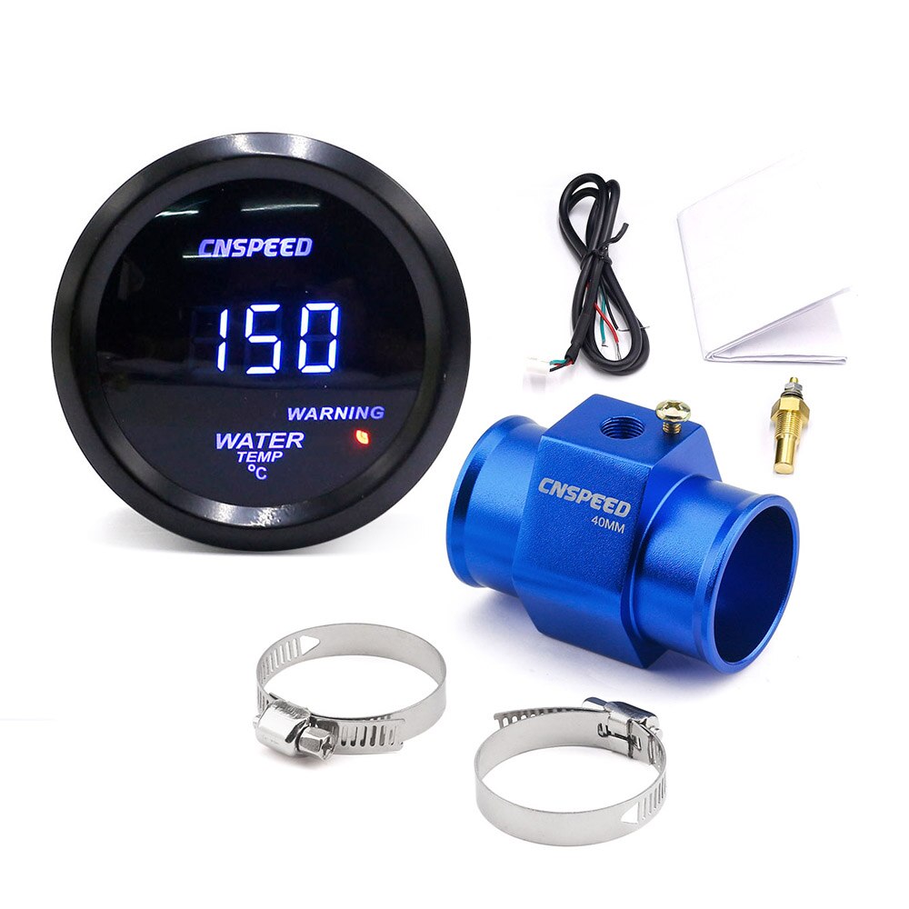 CNSPEED-indicador Digital de temperatura del agua para coche, 2 pulgadas, 52MM, Led azul, 40-150 Celsius, adaptador de Sensor de tubería de junta de temperatura del agua, 1/8NPT: With 40 adapter
