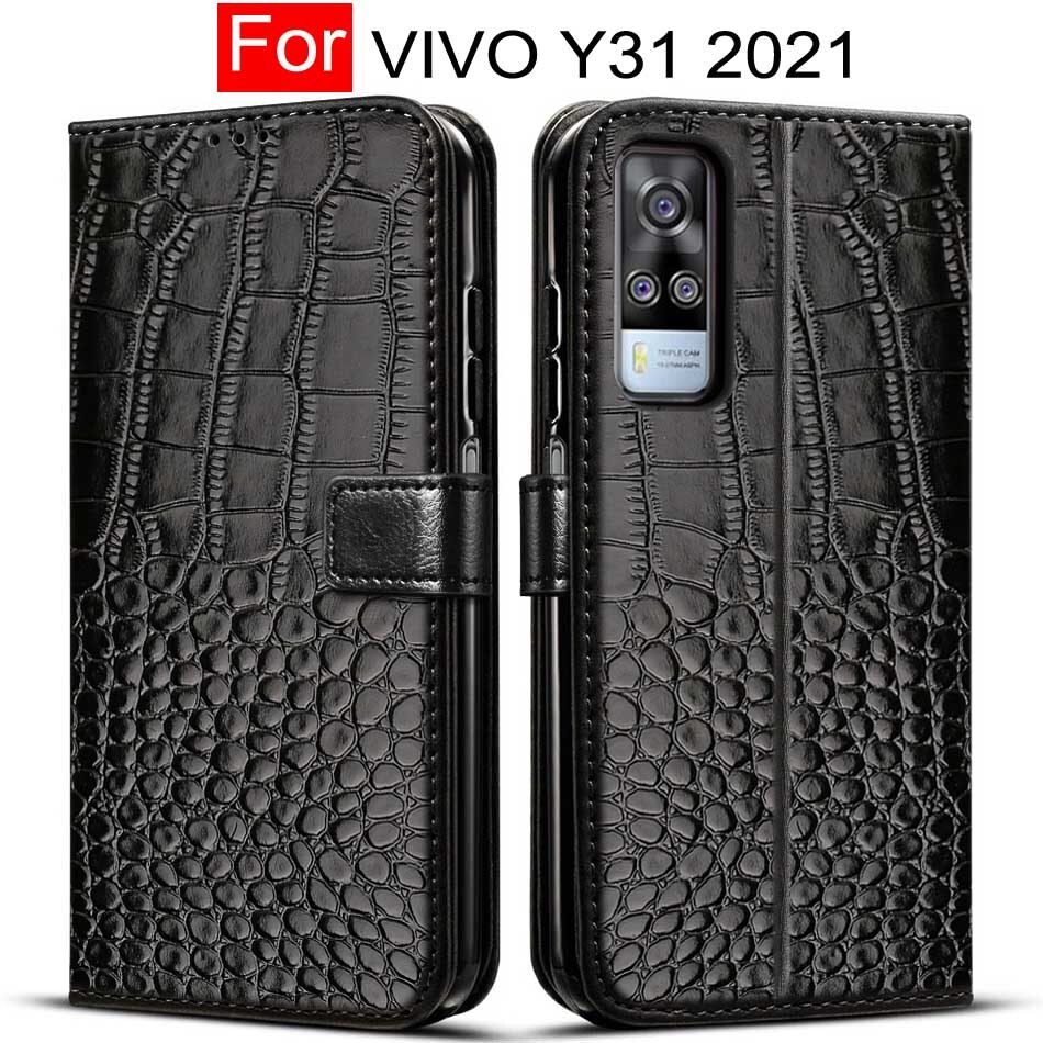 Capa tipo carteira de couro para vivo y31, estojo protetor para celular vivo y31 2021: Black