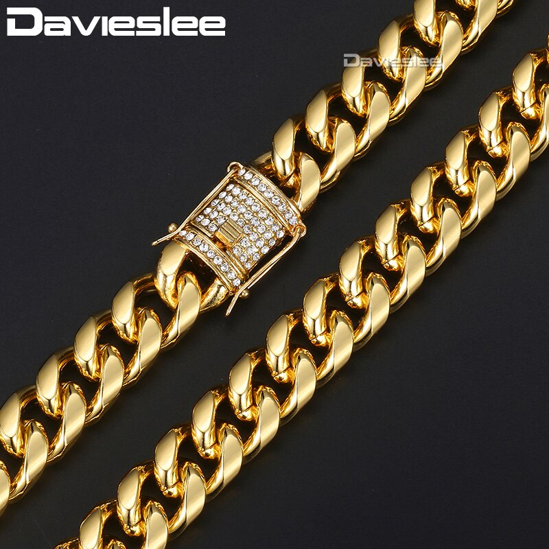 Davieslee-Conjunto de joyería para hombre, juego de collar y pulsera con cadena de eslabones cubanos de Miami Curb, CZ, oro, 14mm, DGS284