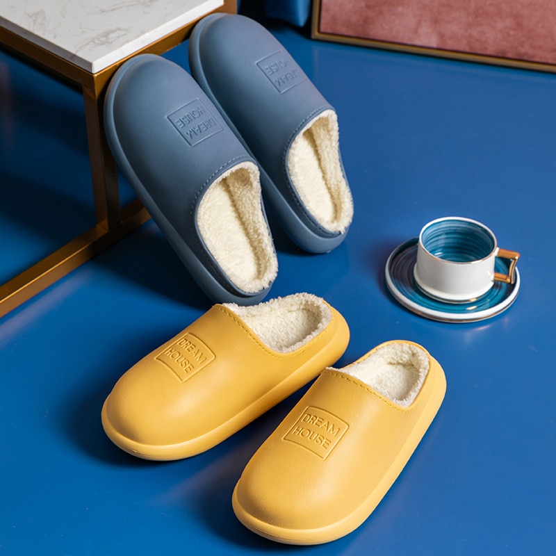 Vinter varme plysj tøfler vanntette tøfler kvinne menn innendørs tøfler elskere hjem tøffel tykk såle femael kjøkkensko