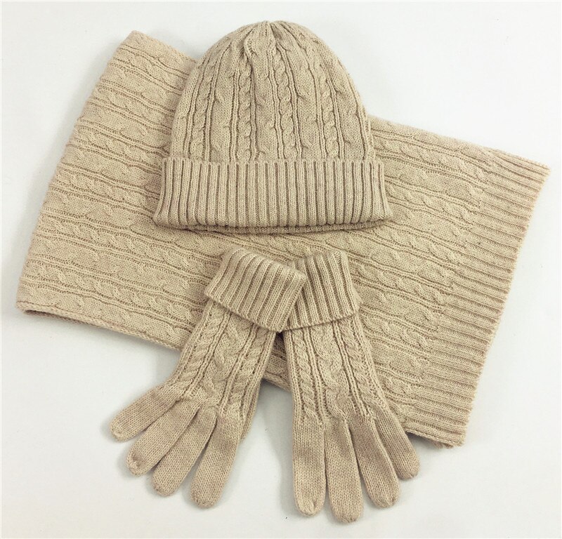 3 pcs Set Winter Knitted Hat Scarf Gloves for Women Beanie Ladies Knitted Scarves Women Winter Clothing Accessories Suit: Dark Khaki