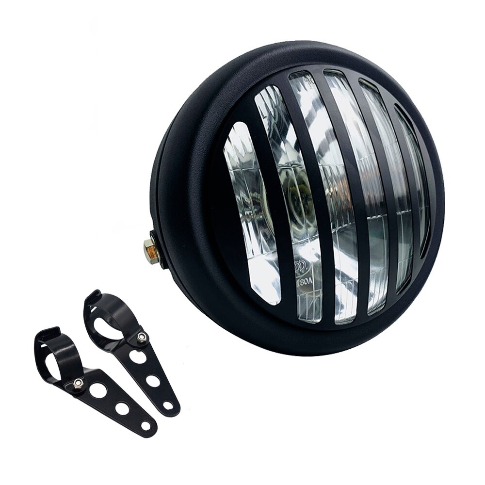 Phare LED rond avec supports pour motos, pour Chopper/Bobber/Cafe Racer/vélos de tourisme, 12V: Black and Bracktes