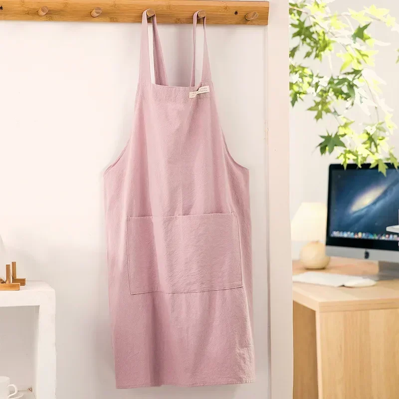 dame japansk og koreansk enkelt forkle denimforkle bomull og lin ensfarget bluse kjøkken blomsterhandler kaffebar forkle: Rosa