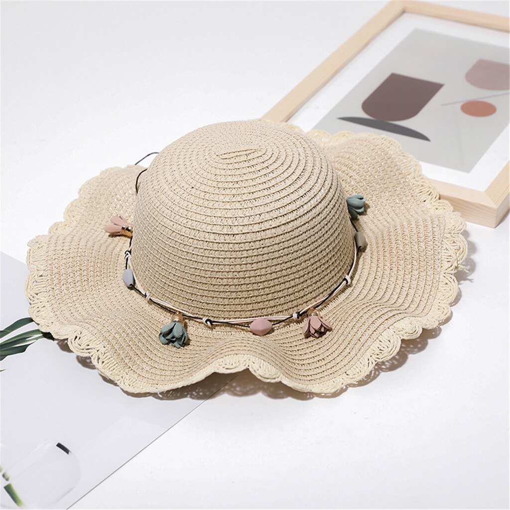 40#  zomer vakantie slappe strohoed dames dames brede rand strand opvouwbare strik bloem stro zonnehoed badmuts een maat breed: Beige