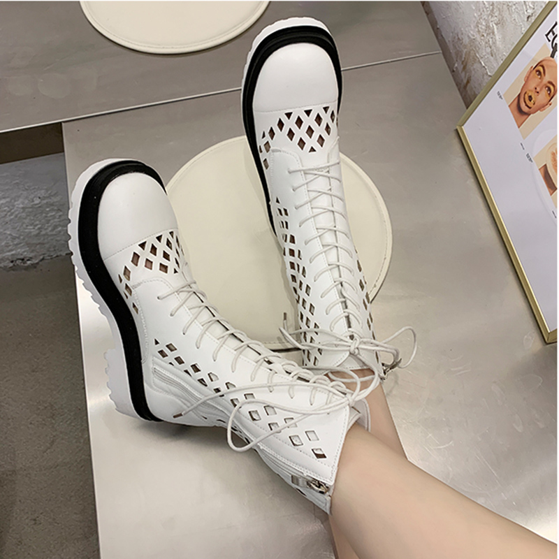 Dames kniehoge laarzen dames veterschoenen dames rits gesp ronde neus uitgehold ademende dames coole schoenen