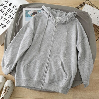Hettegensere sweatshirts med glidelås for kvinner, løs bomullsglidelås i koreansk stil, uformell hettejakke høst: Grå