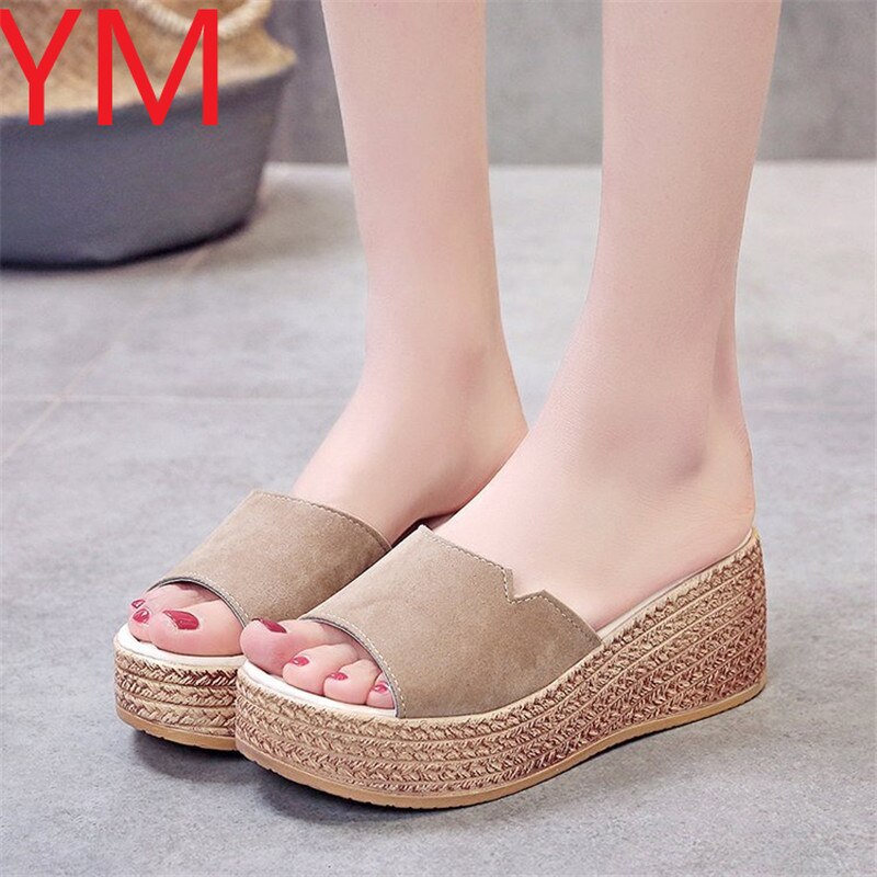 Extérieur été sandales compensées pour femme chaussures femme décontracté paille talons hauts plate-forme dames diapositives femme loisirs