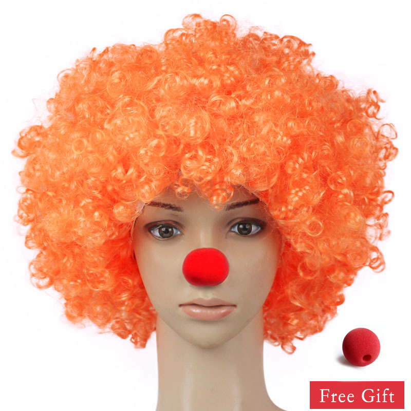 Kleurrijke Clown Pruik Afro Krullend Synthetische Pruik Cosplay voor Mannen Vrouwen Mardi Gras Party Pruik Rood Groen Geel Blauw Pruik Clown Neus: Oranje