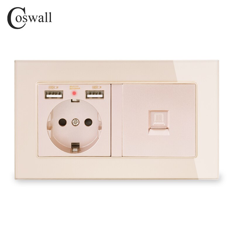 COSWALL Rusia España UE enchufe de pared estándar 2 puerto de carga USB con LED suave oculto + conector de Internet CAT5E RJ45 marco de vidrio