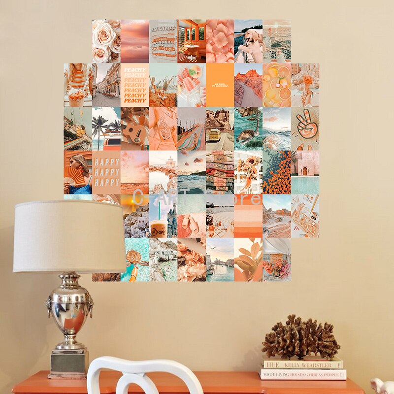 50Pcs Peach Beach Aesthetic Picture for Wall Collage Kits Boho Style Orange Nordic Living Room Photography Props Decor