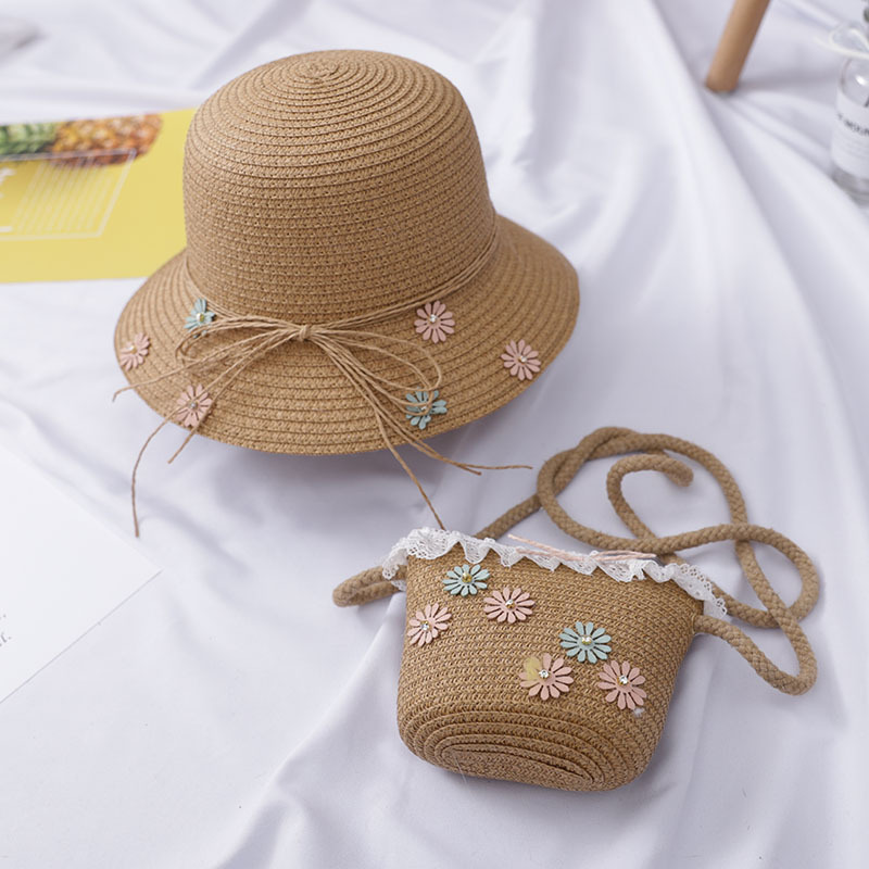 Lokalen lager Baby Kind Strand Eimer Atmungsaktive Mütze Stroh Sonnenhut + Schulter Handtasche Stroh Tasche AU: Brown