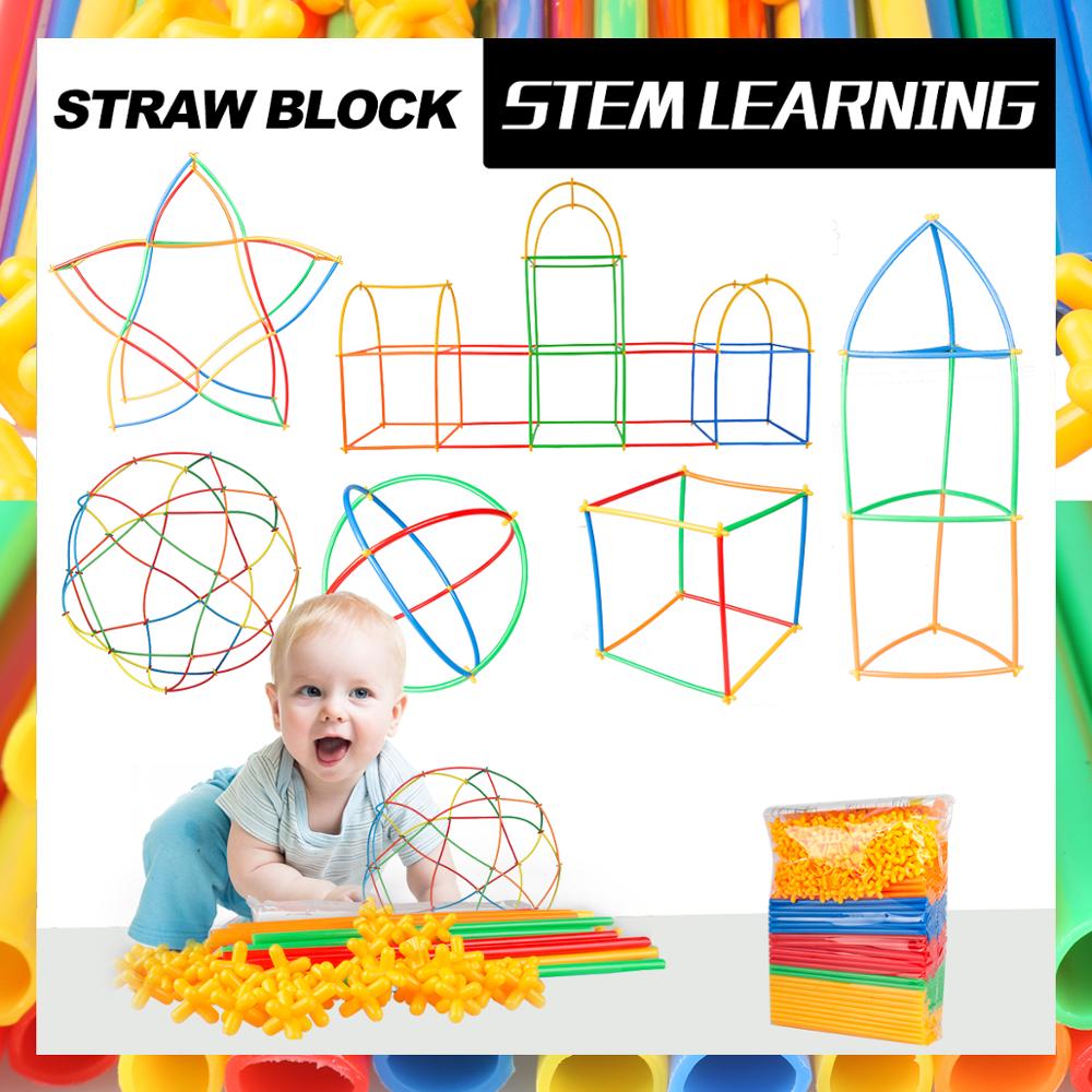 4D DIY Straw Building Blocks Plastic Stitching Inserted Construction Assembled Blocks Bricks Educational Toys for Children