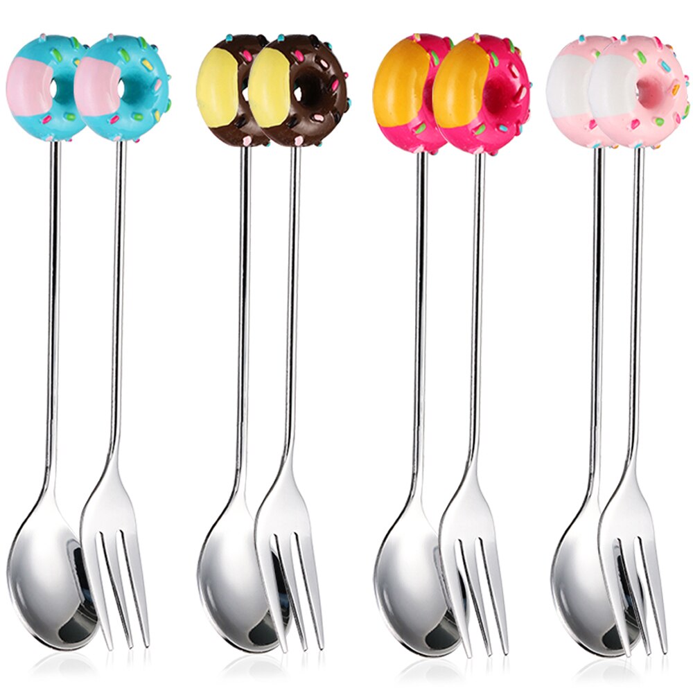 1PC Mini Dessert Spoon Stainless Steel Spoon Fork Ice Cream Coffee Stirring Spoons Teaspoon Donut Fruit Fork Kitchen Accessories