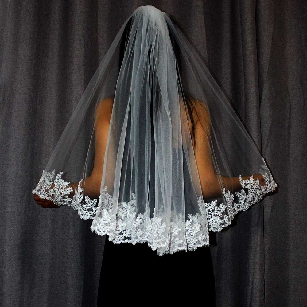 Voile de mariée court avec peigne, bord en dentelle, une couche, , blanc, ivoire, accessoires de mariée,
