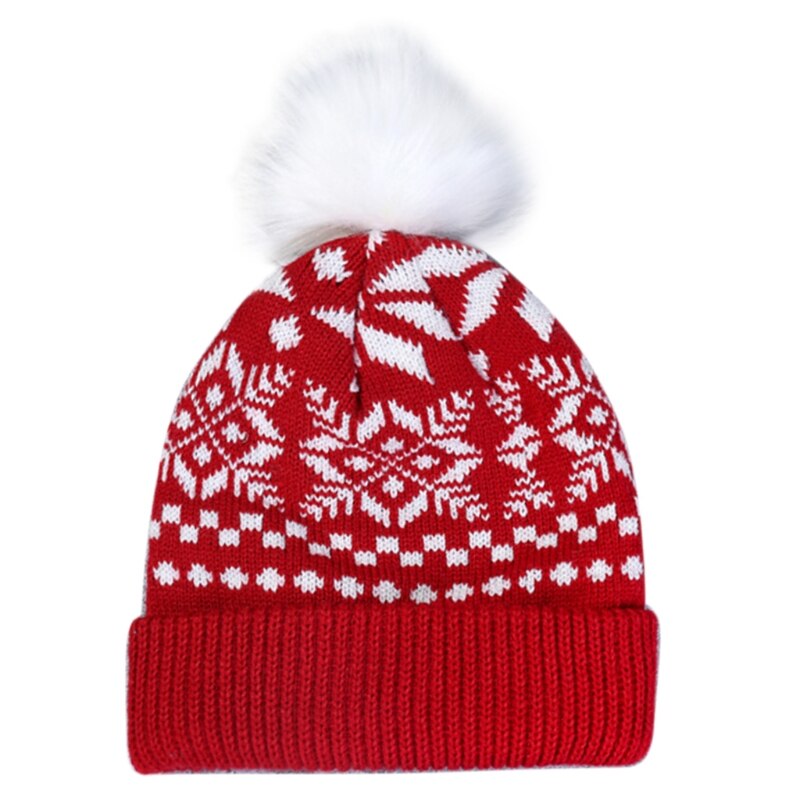 Women Christmas Snowflake Winter Knitted Beanie Hat Cute Fluffy Pompom Stretch Cuffed Skull Cap Ski Ear Warmer: 3