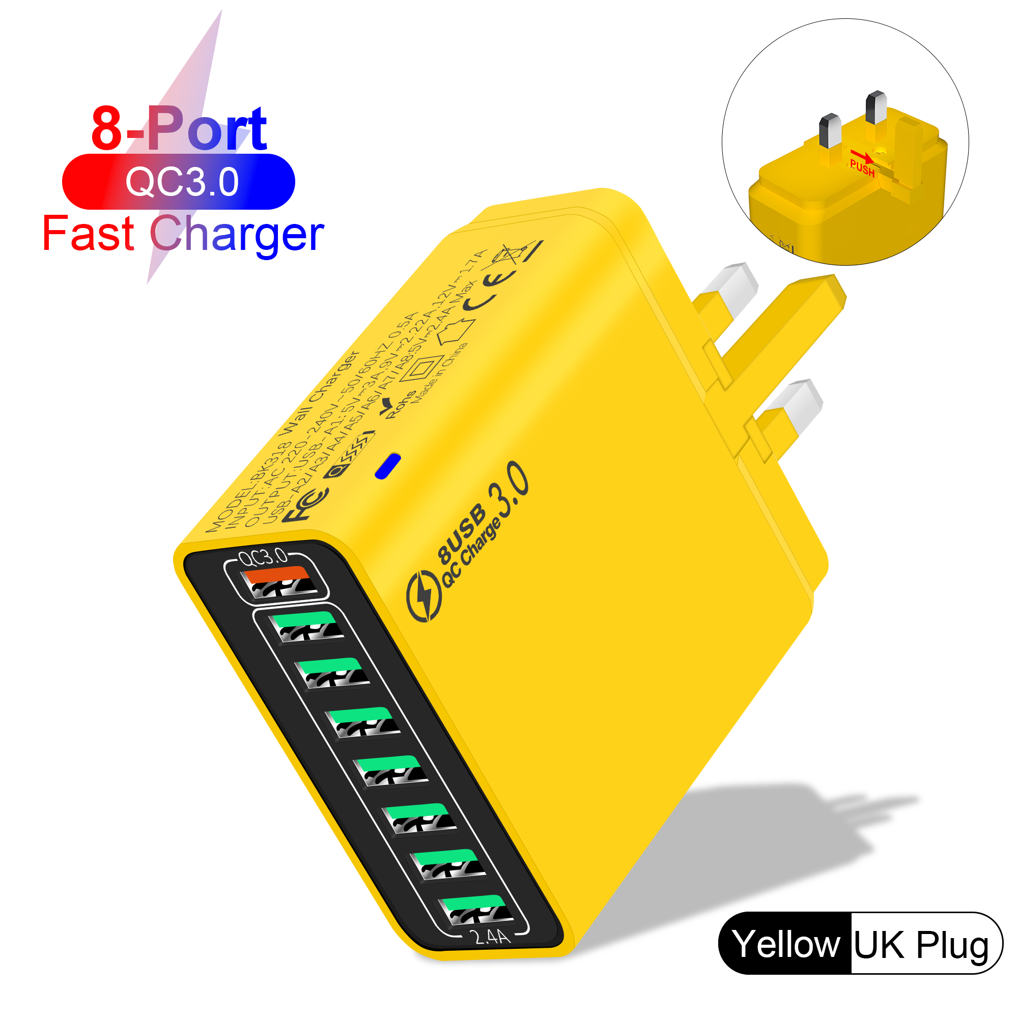 Total 100W 8 Ports charge rapide USB chargeur mural QC3.0 adaptateur de téléphone Portable Portable pour iPhone Huawei Samsung Xiaomi: ES