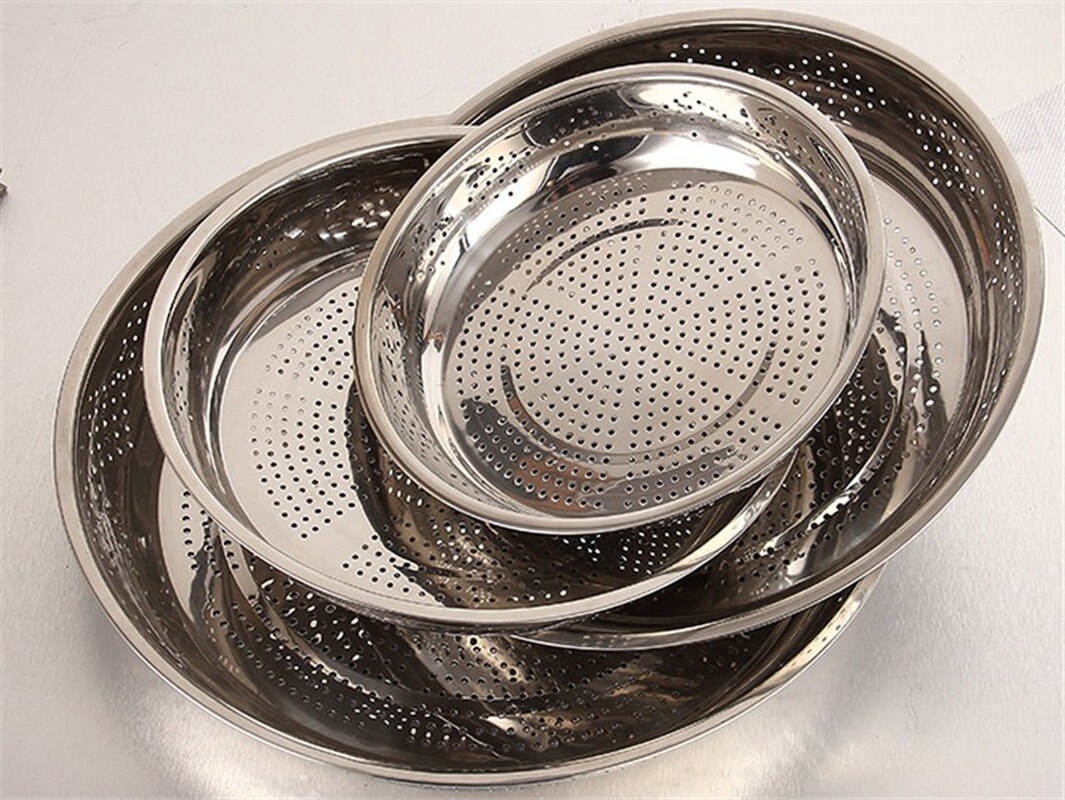 Thickened Stainless Steel leak colander Plate Round hole tray Deep Pallet Super Large Steamer Rice bean Disc Drainage Plate set