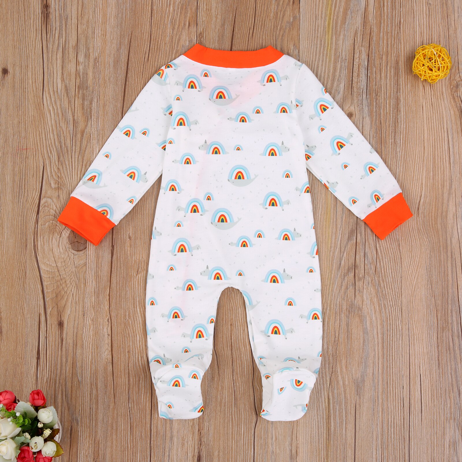 Spring Autumn Newborn Baby Girl Boy Rainbow Footies Infant Loose Long Sleeve Round Neck Footed Cover Jumpsuit Homewear