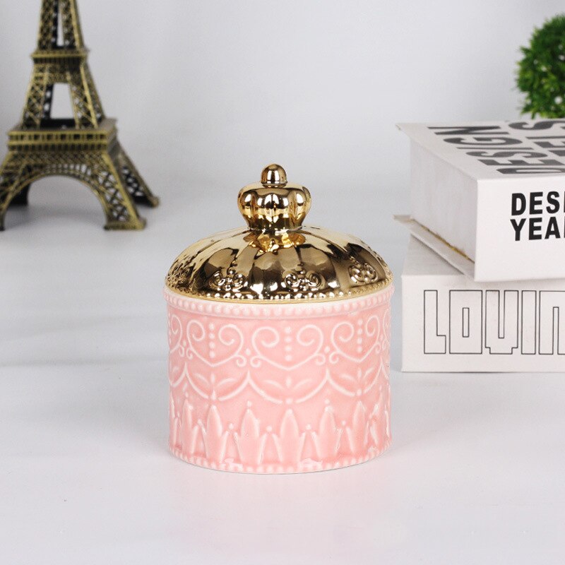 European-style Electroplating Ceramic Storage Jar Display Box Crown Jewelry Box with Lid Desktop Ornaments Home Storage Supplies: D
