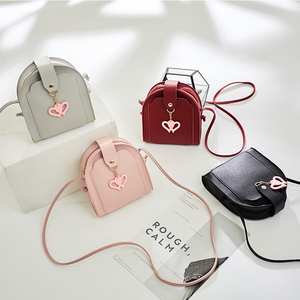 Aelicy Women Simple Cartoon Heart Small Square Bag Single Shoulder Messenger Bag PU Leather Handbag Female Crossbody bags