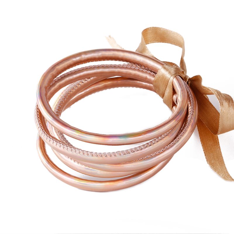 Juego de 5 uds de brazalete de gelatina con purpurina y purpurina, brazalete de cuero PU con pajarita, brazaletes de aro con forro en polvo, joyería de ligera: Rose Gold