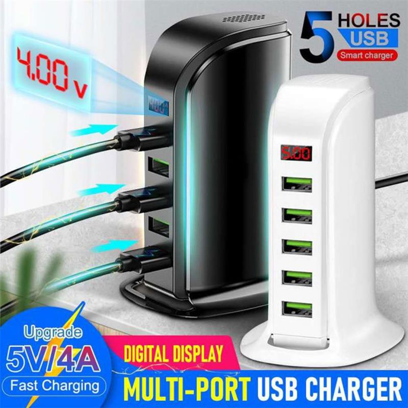5- -poorts usb-lader, digitaal display, desktop usb-laadstation, reis usb-lader hub voor iphone samsung us eu-stekker
