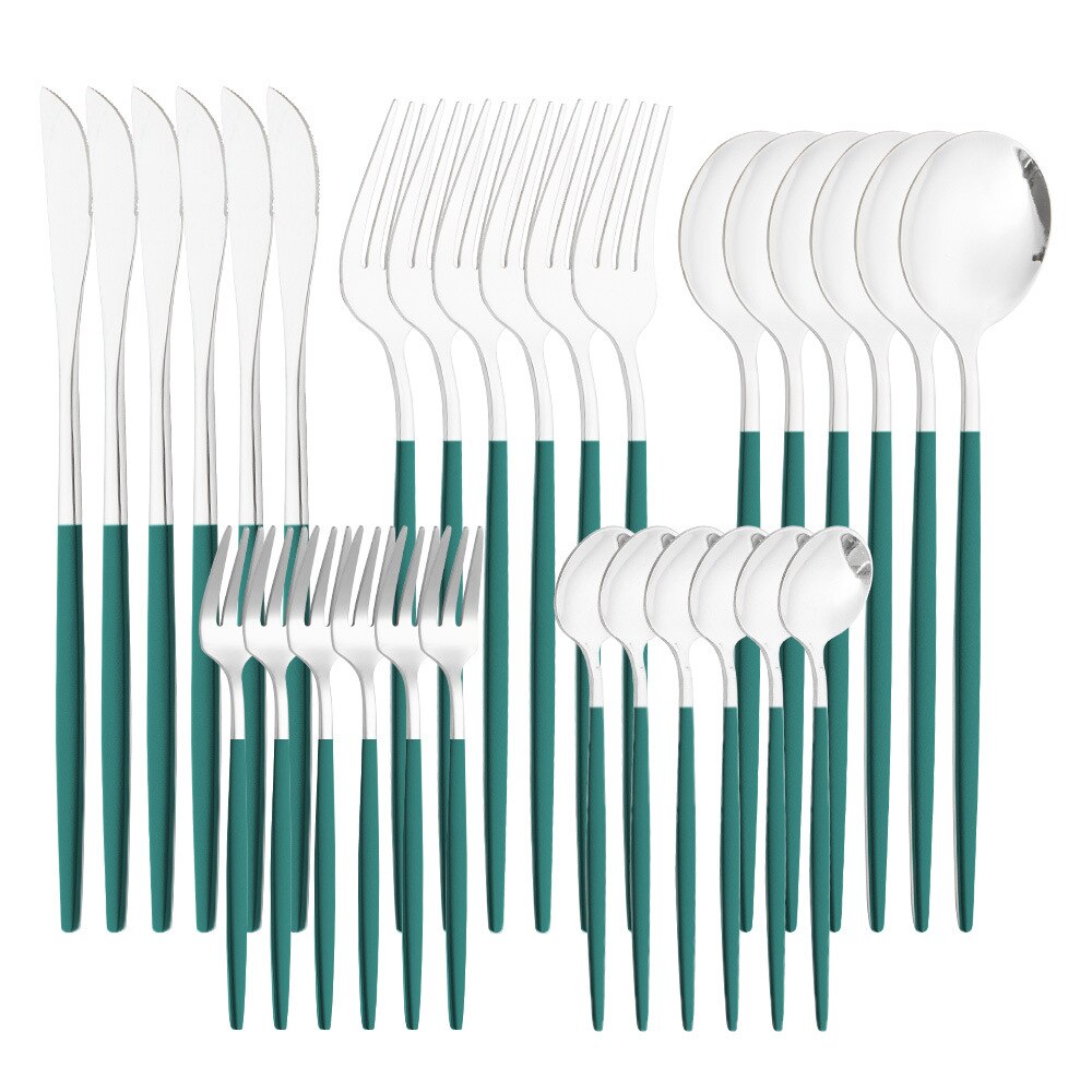 Lidafish 30 sztuk ze stalowa zastawa stołowa zestaw kuchnia luksusowe obiadowy zestaw noży widelec łyżka sztućce obiadowe zestaw: 30pcs-Green silver
