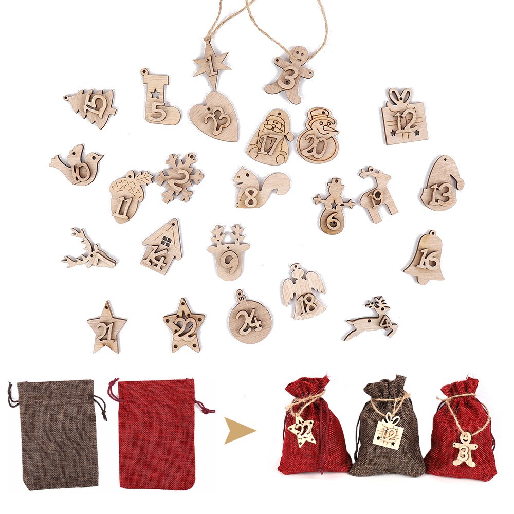 Julekalenderpose med trænummer ornament 24 dage adventskalender jutepose slik opbevaringsposer år