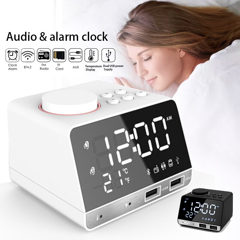 Bluetooth 4.2 Radio Alarm Clock Temperature Speaker With 2 USB Ports LED Digital Alarm Clock Snooze Table Clock Home Decor