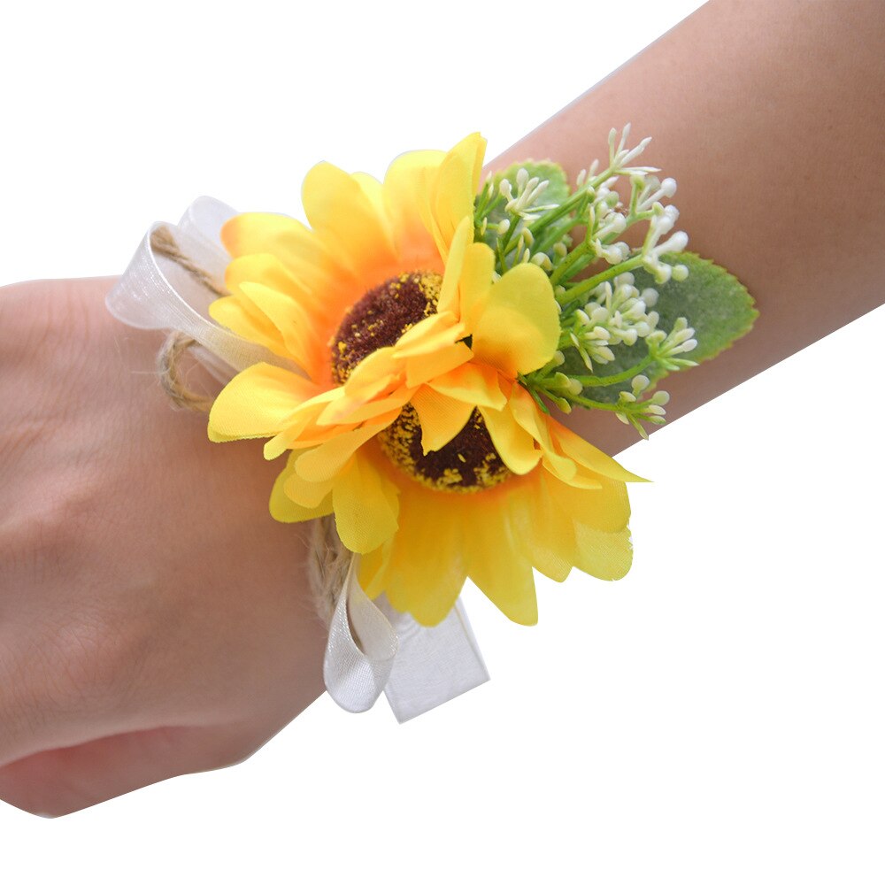 JaneVini – Bouquet de mariée tournesol jaune, fausses fleurs, feuilles vertes, roses artificielles, broches de mariée,: Wrist Flower