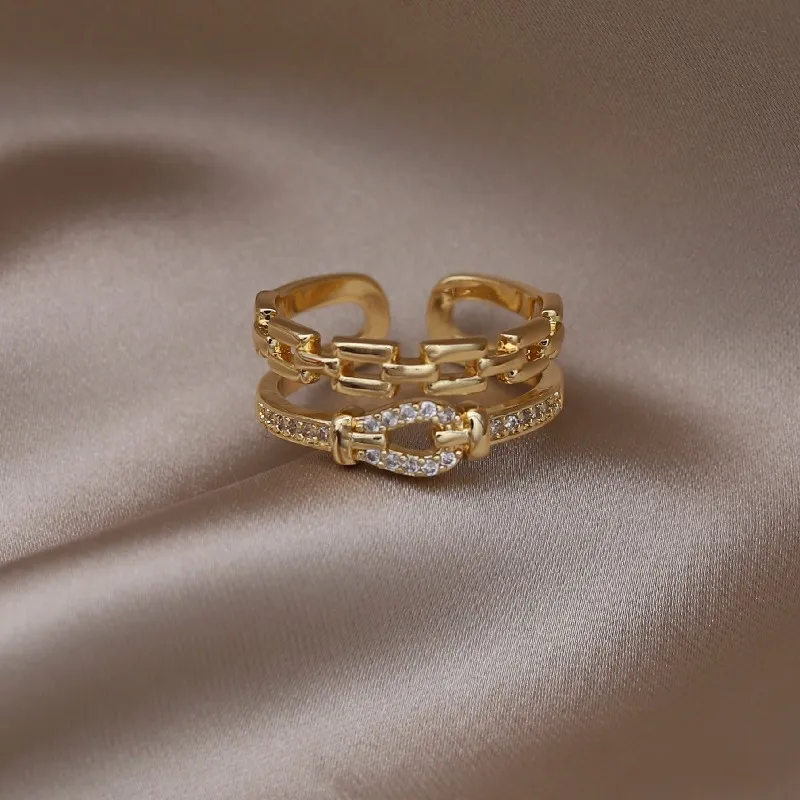 14K gold plated Korean jewelry double-layer zircon cross ring women's opening daily work accessories: Gold