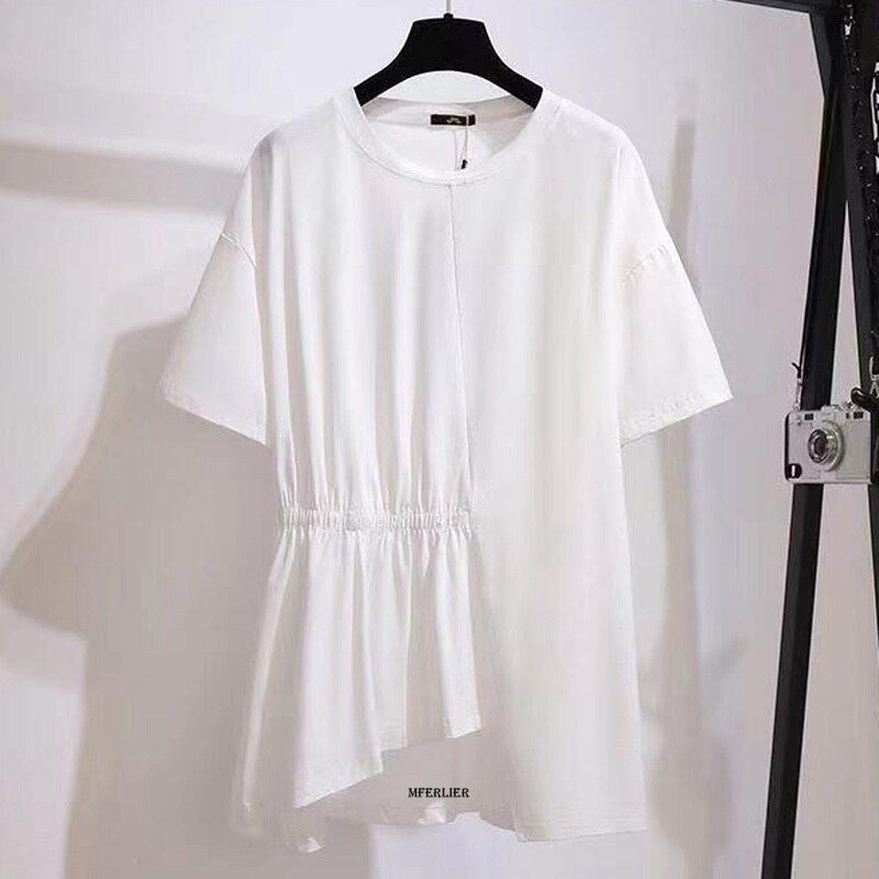 Plus Size 6XL 150Kg Zomer Vrouwen T-shirts Korte Mouw O Hals Dames Top Zwart Wit Vrouwen T-shirt Onregelmatige t-shirt: WHITE / 6XL