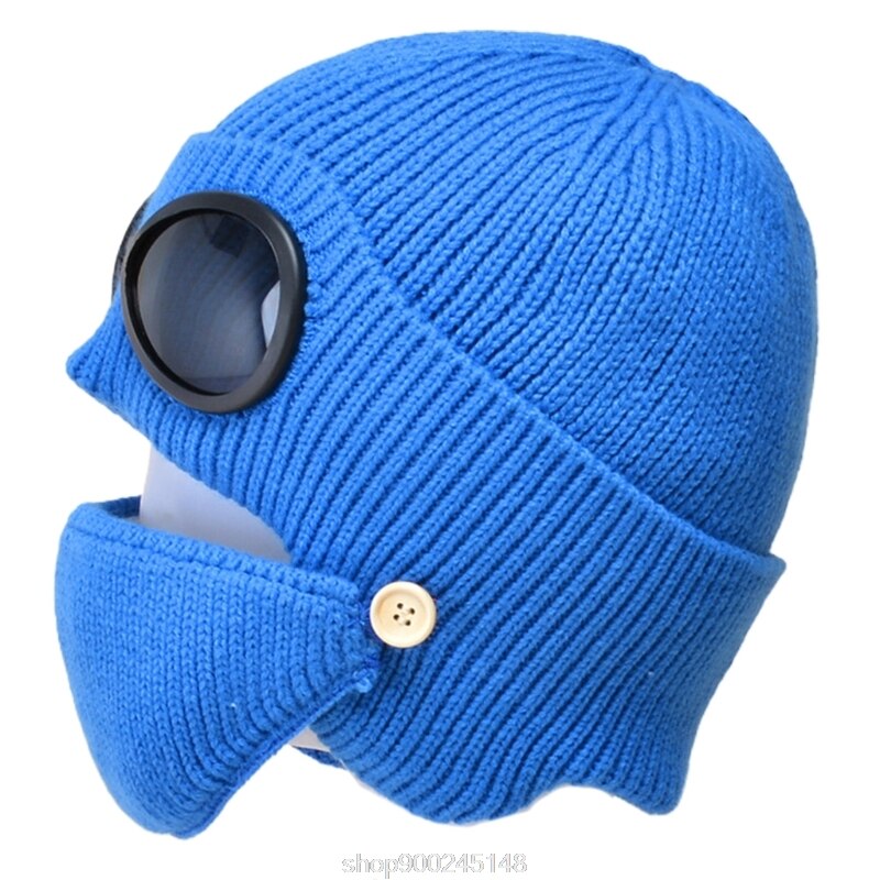2 In 1 Ribbed Knit Beanie Hat Mouth Mask Set Warm Windproof Snow Cuffed Earflap Cap with Glasses Goggles N03 20: Blue