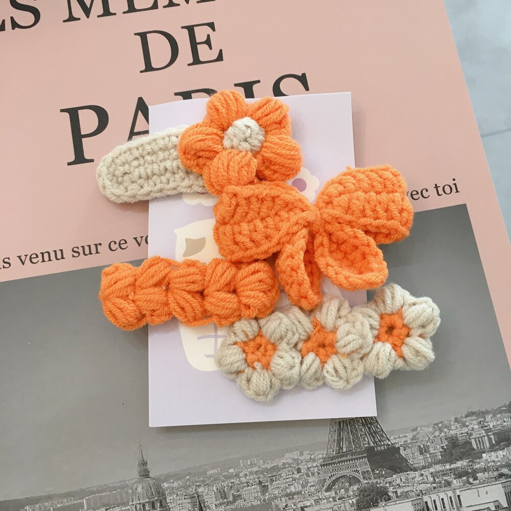 Otoño Invierno 4 unids/set Adorable de lana de punto Bowknot flor pelo Clip horquilla para las mujeres Accesorios