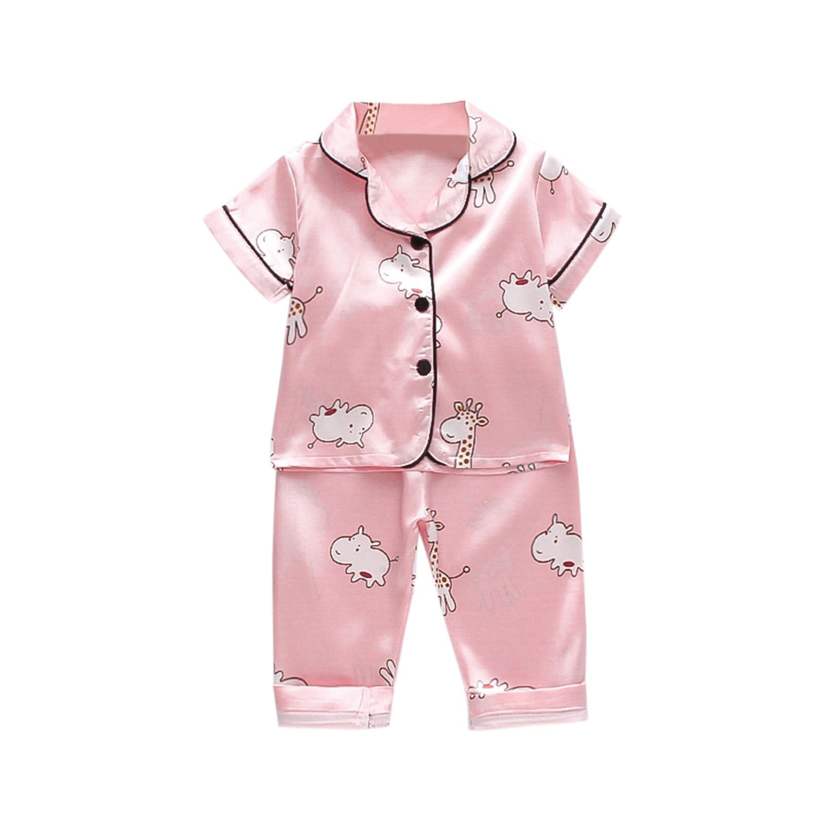 Toddler Baby Boy Girl Silk Satin Cartoon Animal Top Pant Pajamas Short Sleeve Button-down Pyjamas Outfits Child Sleepwear