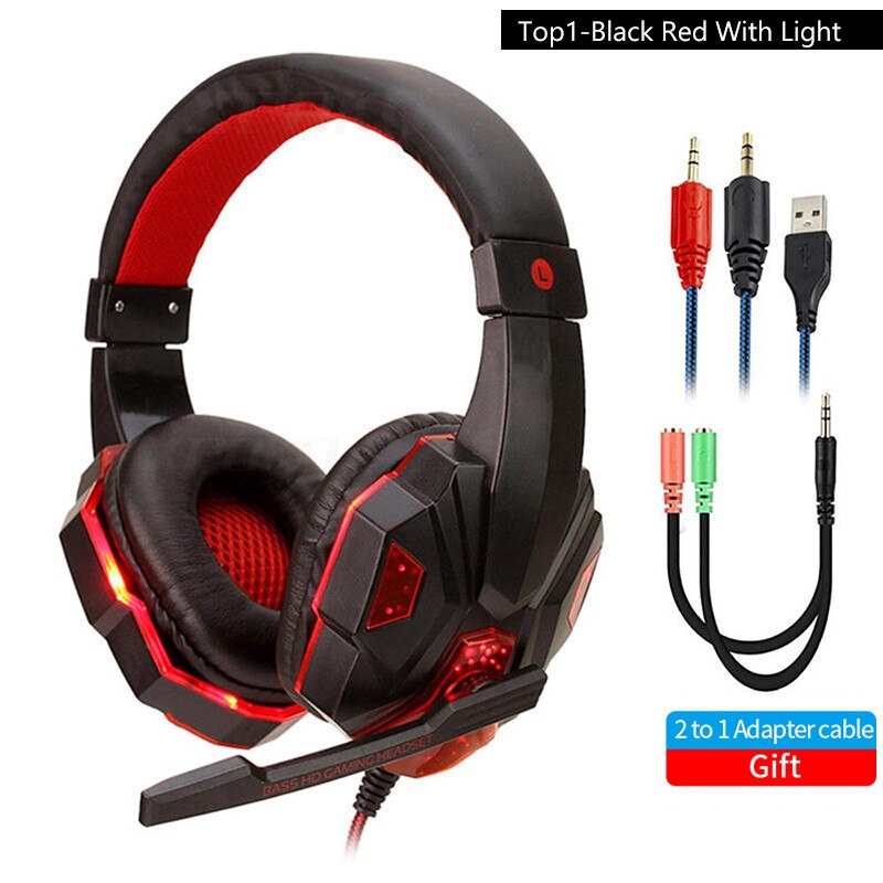 Com fio fone de ouvido gamer fones de ouvido led luz 3.5mm isolamento ruído fone de ouvido com controle volume microfone para computador portátil ps4: BlackRed with Light